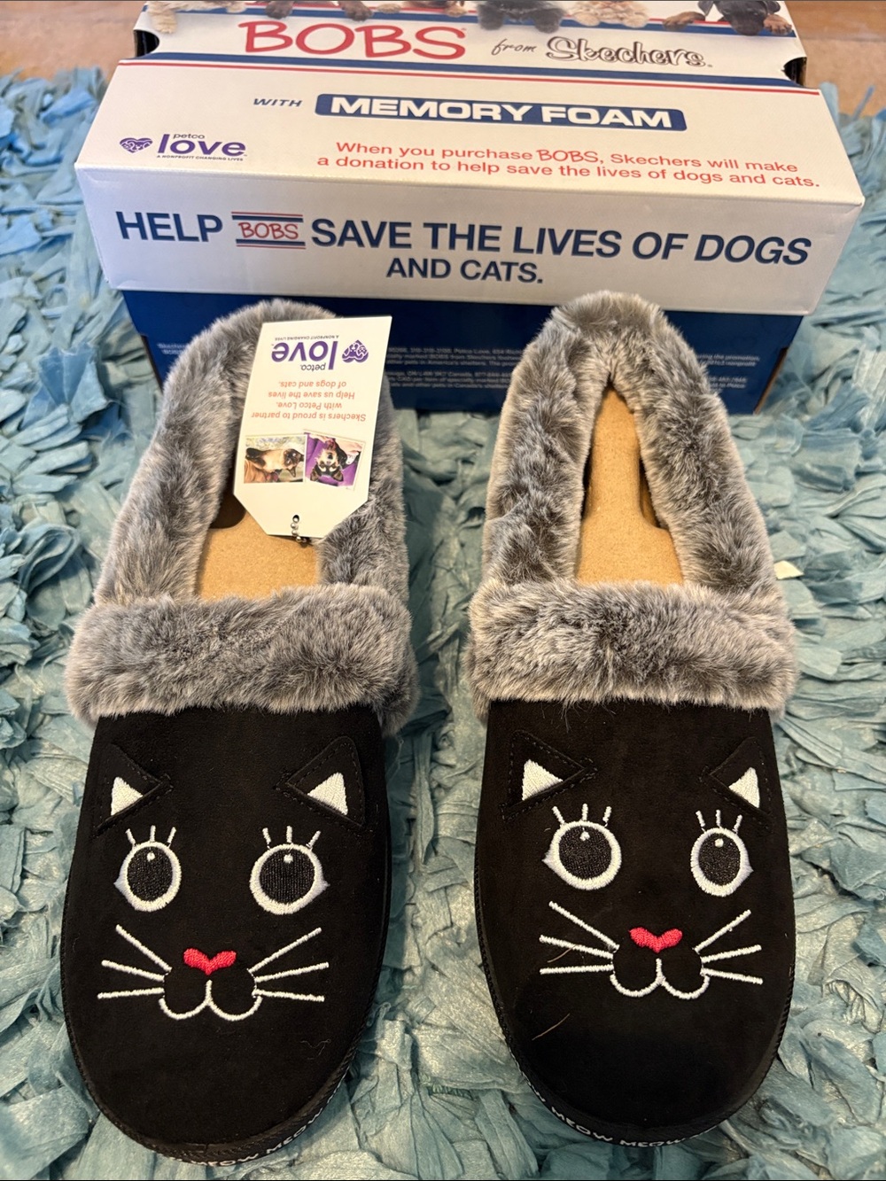 BOBS from Skechers Black Cat Slippers with Gray Faux Fur Trim - Size 8